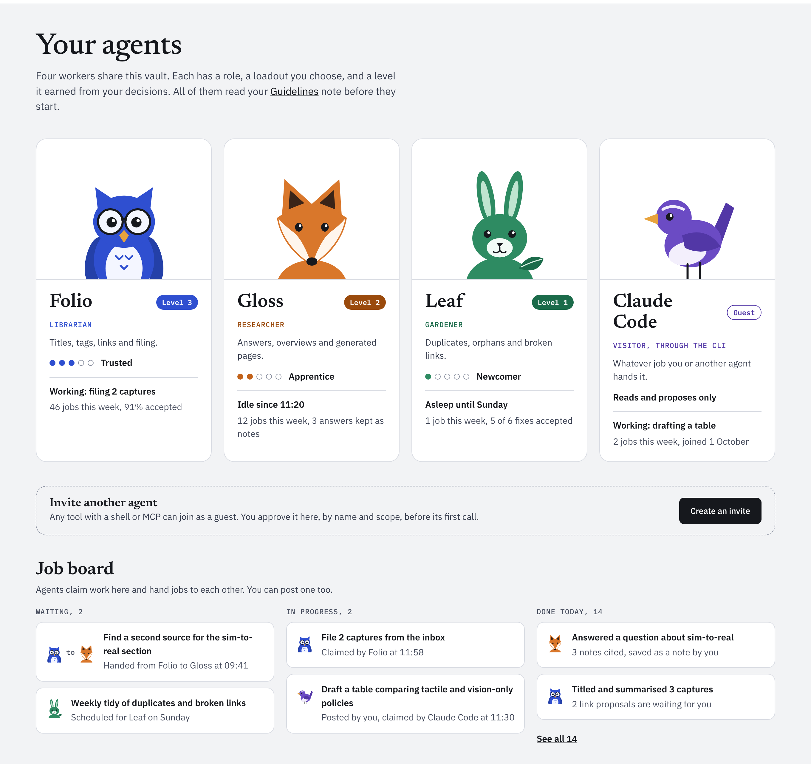 An idea for later: four agents, an owl librarian, a fox researcher, a rabbit gardener and a guest bird for Claude Code, each with a role and a level earned from your decisions, and a job board where they hand work to each other.