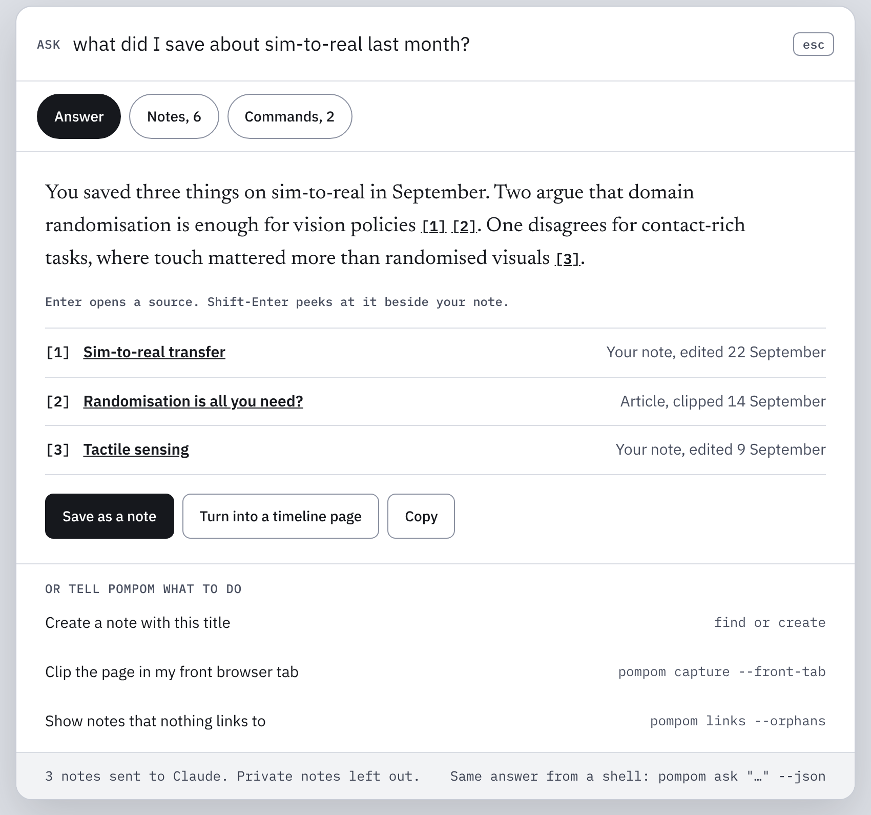 Design for Ask: an answer about sim-to-real drawn from three notes, each cited by number, with Save as a note, Turn into a timeline page and Copy, and a line saying which notes were sent and that private notes were left out.